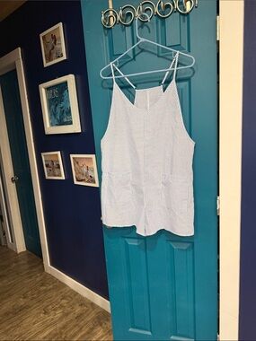 SHEIN Blue and White Striped Sleeveless Romper - M